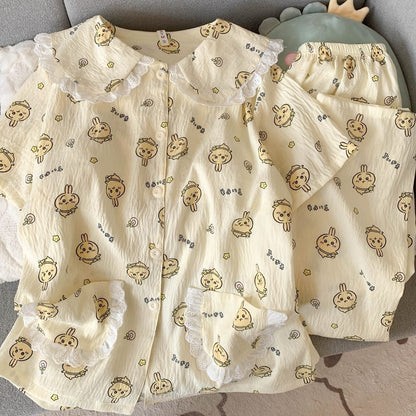 Crayon Shin-chan Pajama Set — Plus Size Lace Doll Collar Three-Piece Loungewear | Short Sleeve Top + Shorts + Long Pants Soft Cloud Cotton Sleepwear for Women & Men Spring Summer 2025