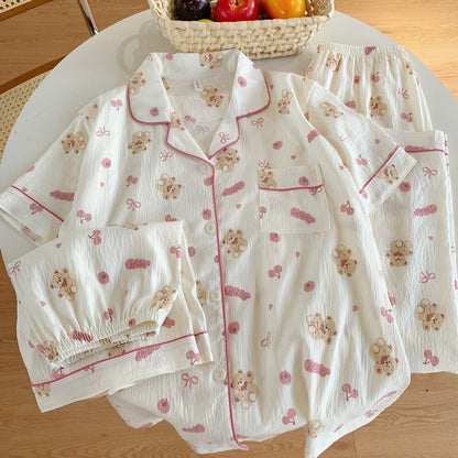 Crayon Shin-chan Pajama Set — Plus Size Lace Doll Collar Three-Piece Loungewear | Short Sleeve Top + Shorts + Long Pants Soft Cloud Cotton Sleepwear for Women & Men Spring Summer 2025