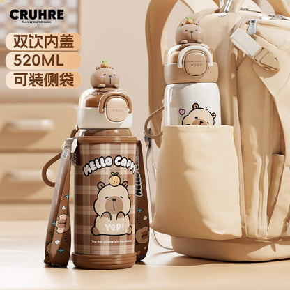 Cartoon capybara cute capybara thermos cup sleeve design lock adjustable portable cup double drinking cup
