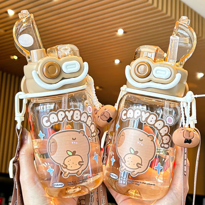 2025 New Capybara Children's Water Cup, Cute Large Capacity Double Drinking Cup, Lock Buckle, Convenient Handle, Straw Cup