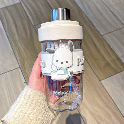 Sanrio Cartoon Plastic Water Cup with Straw – Trendy Fruit Tea Design, Large Capacity Sports Cup