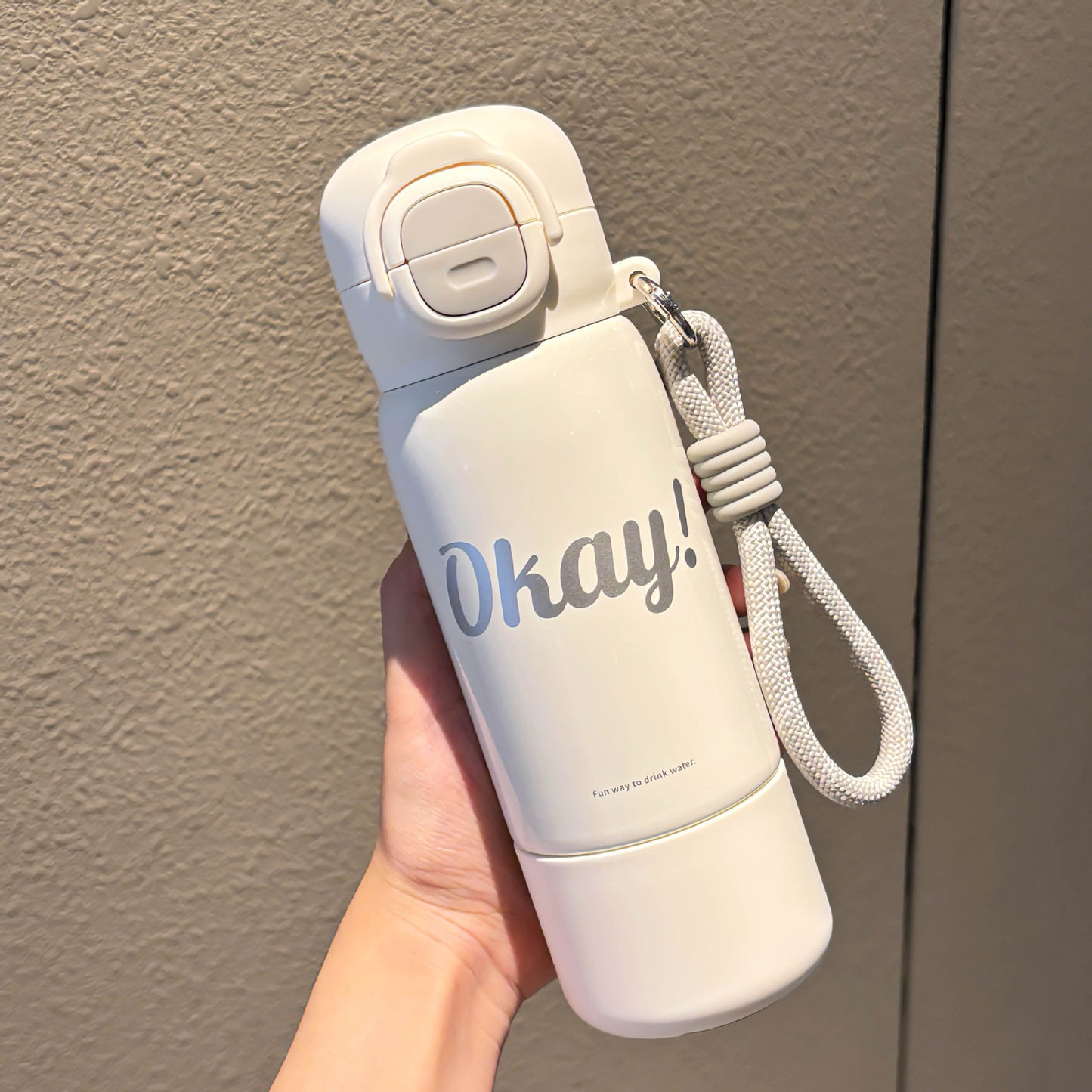 Minimalist Silk-Screen Thermos Cup – Double-Drink Insulated Mug with Rope & Lock Design