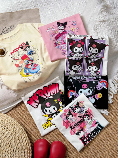 Sanrio Kuromi Girls Cartoon Print Cotton T-Shirt – Short Sleeve Top for Kids