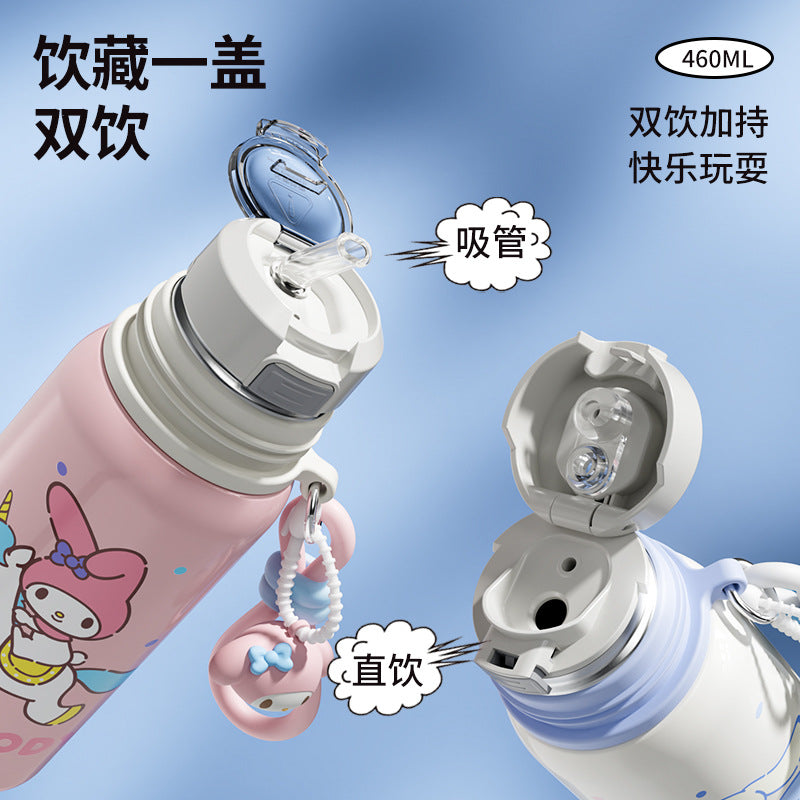 Sanrio Family Cartoon Thermos Cup – Silk-Screen Double-Drink Mug with Rope Strap, Portable