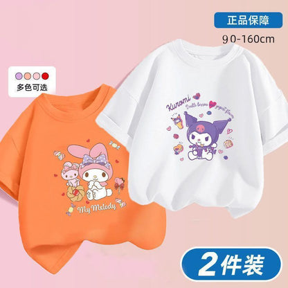 Kuromi x Melody Girls Summer Cotton T‑Shirt Set – Sweet Cartoon Short Sleeve Twin Pack
