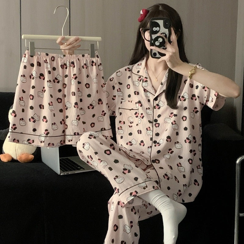 Crayon Shin-chan Pajama Set — Plus Size Lace Doll Collar Three-Piece Loungewear | Short Sleeve Top + Shorts + Long Pants Soft Cloud Cotton Sleepwear for Women & Men Spring Summer 2025