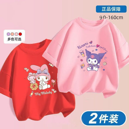 Kuromi x Melody Girls Summer Cotton T‑Shirt Set – Sweet Cartoon Short Sleeve Twin Pack