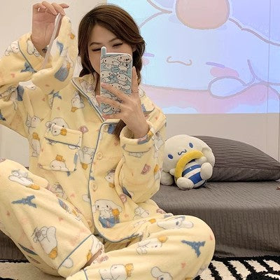 Sanrio Cinnamon Dog Coral Velvet Pajama Set for Women — Plush Flannel Warm Loungewear with Lapel Cardigan and Long Pants, Thickened Autumn Winter Homewear Set