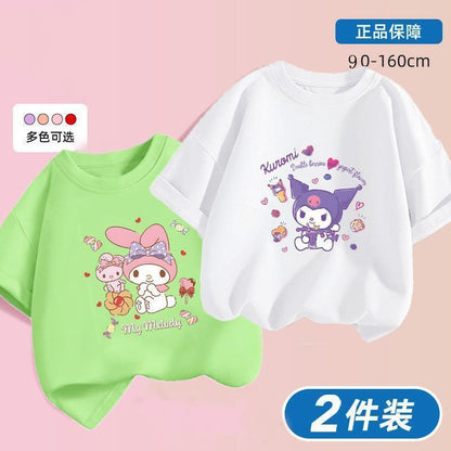 Kuromi x Melody Girls Summer Cotton T‑Shirt Set – Sweet Cartoon Short Sleeve Twin Pack