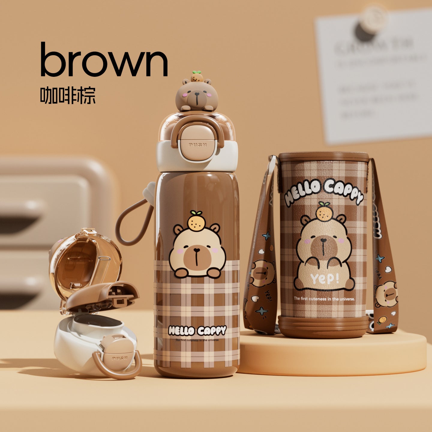 Cartoon capybara cute capybara thermos cup sleeve design lock adjustable portable cup double drinking cup