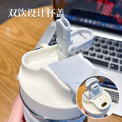 Minimalist Letter Thermos Mug – Contrasting Color Double-Drink Straw Cup for Student Sports