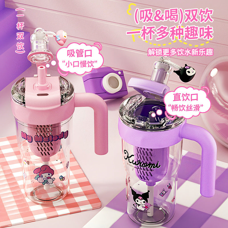 Creative Sanrio double drink ice cup girls high value large capacity student handle convenient straw water cup to make tea