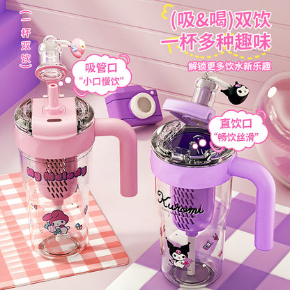 Creative Sanrio double drink ice cup girls high value large capacity student handle convenient straw water cup to make tea