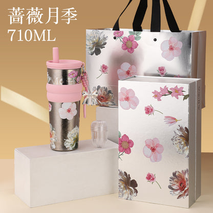 Floral Series Pure Titanium Thermos Cup – Large Capacity Silk-Screen Mug with Sturdy Carry Ring