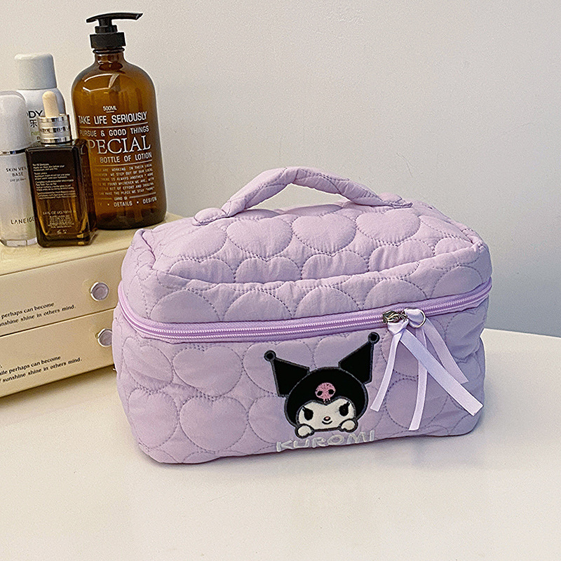 Sanrio Kuromi Makeup Bag – Velvet Small Puff Cloud Toiletry Organizer, Nylon Lined Large Capacity Travel Cosmetics Case, Lightweight Portable Handbag, Cute Anime Cartoon Print (3 Color Variants)