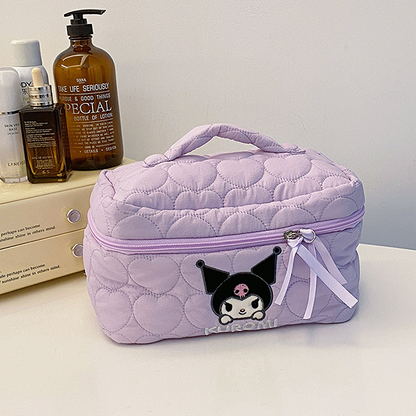 Sanrio Kuromi Makeup Bag – Velvet Small Puff Cloud Toiletry Organizer, Nylon Lined Large Capacity Travel Cosmetics Case, Lightweight Portable Handbag, Cute Anime Cartoon Print (3 Color Variants)