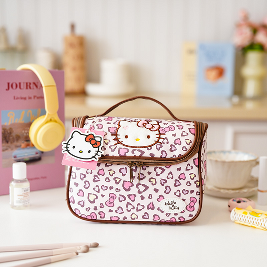 Hello Kitty Leopard Print Makeup Bag, Large Capacity Cosmetic Organizer, Portable Travel Toiletry Bag with Zipper Handle for Women and Girls