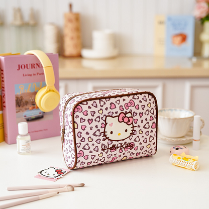 Hello Kitty Leopard Print Makeup Bag, Large Capacity Cosmetic Organizer, Portable Travel Toiletry Bag with Zipper Handle for Women and Girls