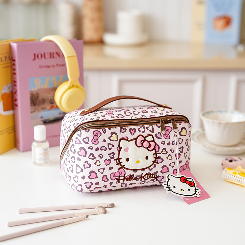 Hello Kitty Leopard Print Makeup Bag, Large Capacity Cosmetic Organizer, Portable Travel Toiletry Bag with Zipper Handle for Women and Girls
