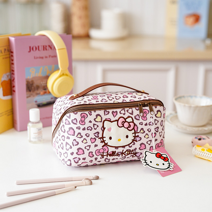 Hello Kitty Leopard Print Makeup Bag, Large Capacity Cosmetic Organizer, Portable Travel Toiletry Bag with Zipper Handle for Women and Girls