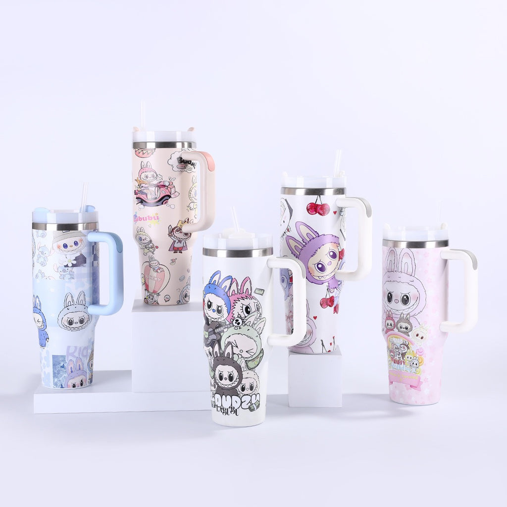 New Labubu Handle Ice Cup Women's Stainless Steel Thermos Outdoor Portable Straw Car Cup