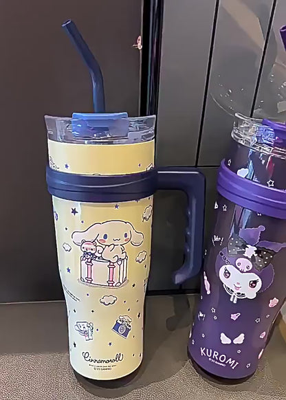 Vaso térmico Sanrio de 1200 ml con pajita y asa – Botella de agua térmica de gran capacidad (Cinnamoroll, Kuromi, My Melody, Pochacco, Hello Kitty, Hangyodon)